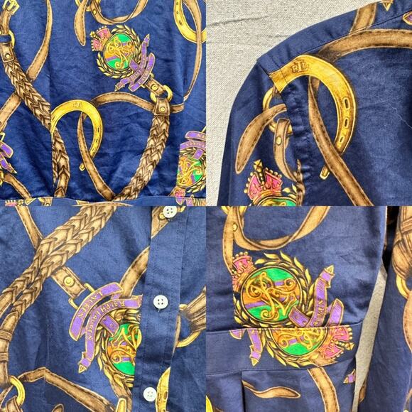 Lauren Ralph Lauren navy equestrian horse bit  button up peplum shirt size 4 - Picture 14 of 16